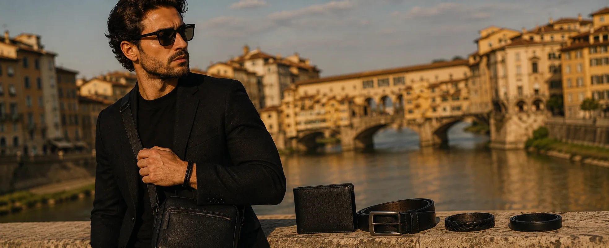 Coleção Acessórios Masculinos em Couro ORVENI com bolsa transversal, carteira, cinto e pulseira em couro preto, fotografados em um cenário turístico da Itália. Imagem editorial com estilo sofisticado, elegante e atemporal.