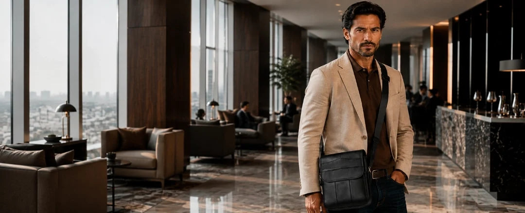 Homem usando bolsa transversal masculina de couro preta em ambiente executivo sofisticado.