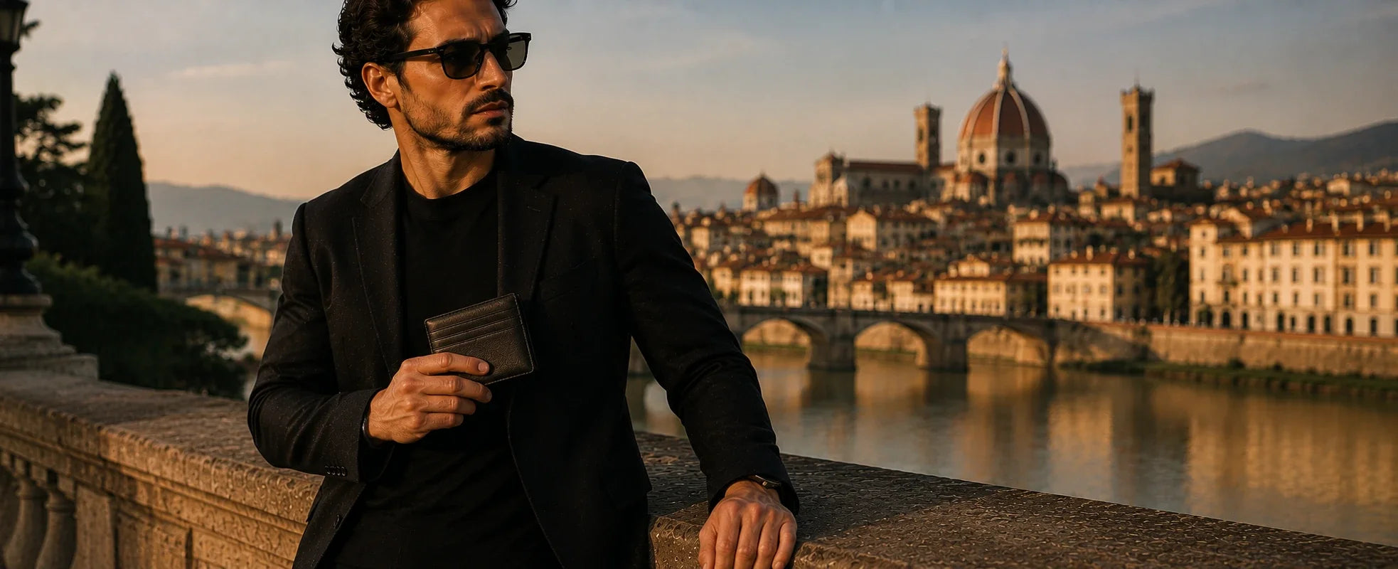 Coleção Carteiras Masculinas de Couro ORVENI com carteira masculina em couro preto fotografada em um ponto turístico da Itália. Imagem editorial premium que destaca elegância, sofisticação e qualidade artesanal para o dia a dia.