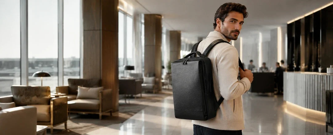 Mochilas de Couro Executivas para Notebook ORVENI em cenário de Florença, Itália. Homem e mulher usando mochilas de couro preto em uma fotografia editorial que representa elegância, sofisticação e estilo para o dia a dia e viagens.