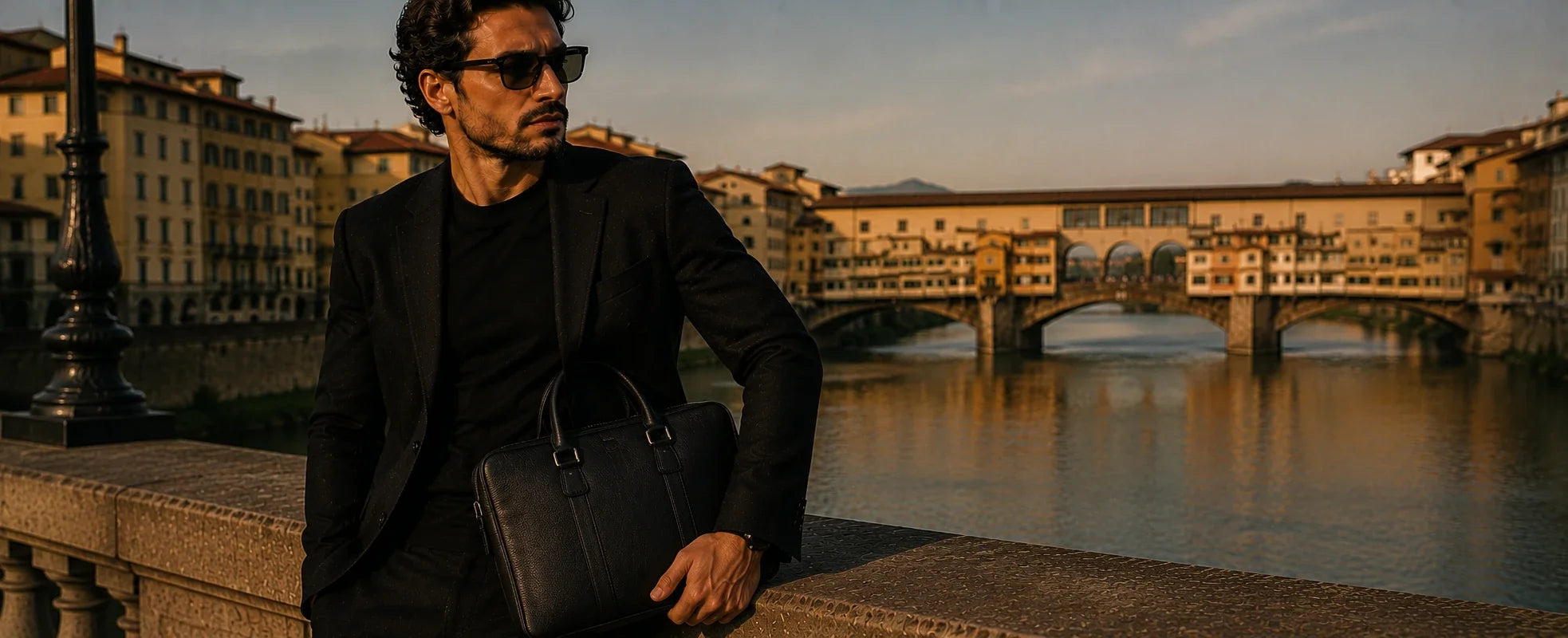 Coleção Pastas Executivas Masculinas ORVENI com pasta executiva de couro preto para notebook em um ponto turístico da Itália. Fotografia editorial premium que transmite elegância, sofisticação e estilo executivo.