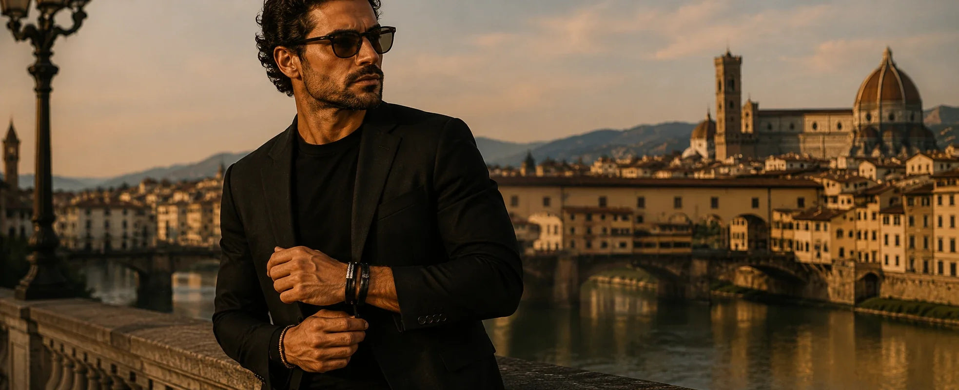 Coleção Pulseiras Masculinas ORVENI com pulseiras de couro masculinas pretas em um ponto turístico da Itália. Fotografia editorial premium que transmite elegância, autenticidade e sofisticação para o estilo masculino contemporâneo.