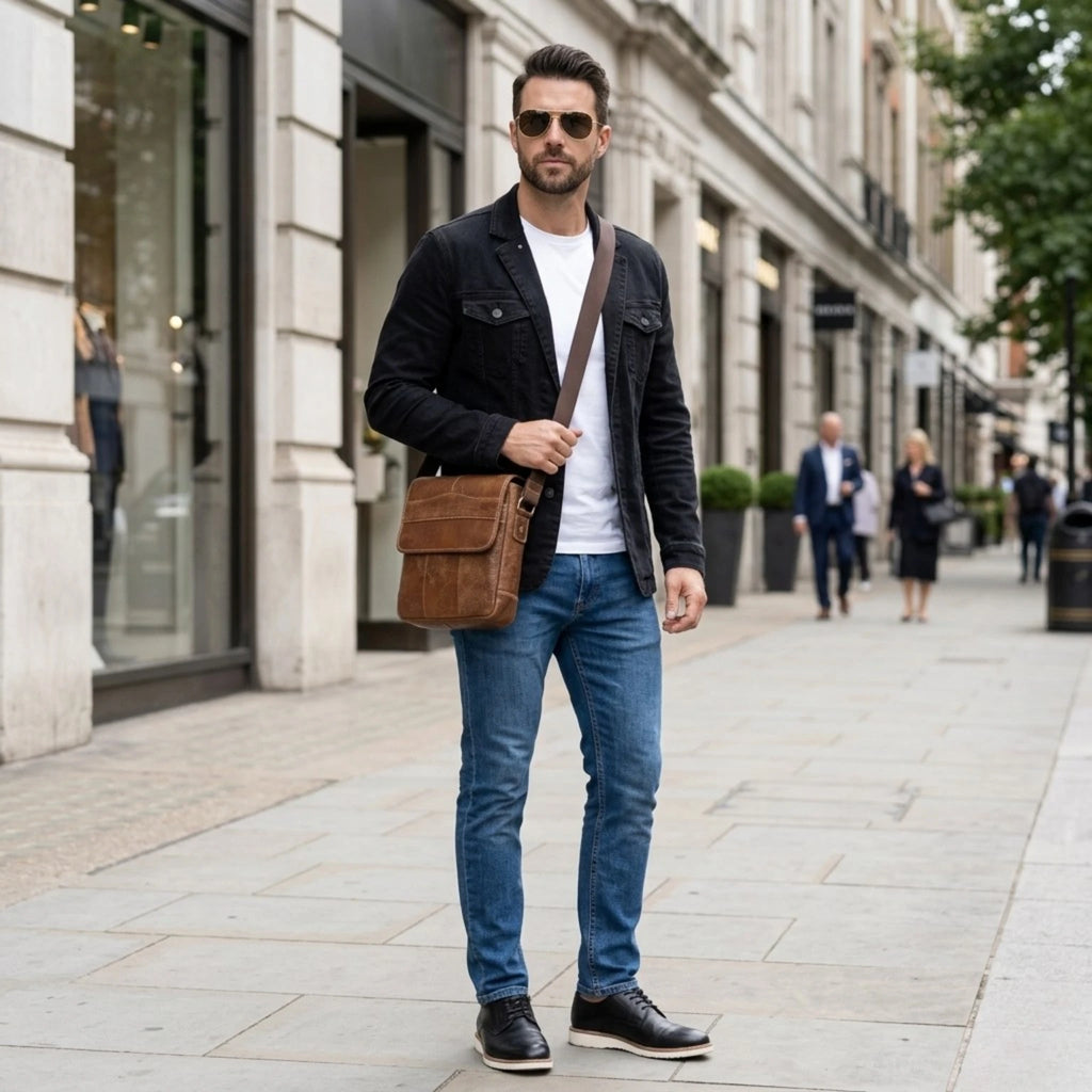 Bolsa crossbody de couro masculina resistente com acabamento sofisticado.