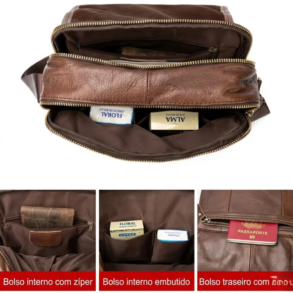 Bolsa de couro transversal Lorenzo confortável e funcional para o dia a dia.