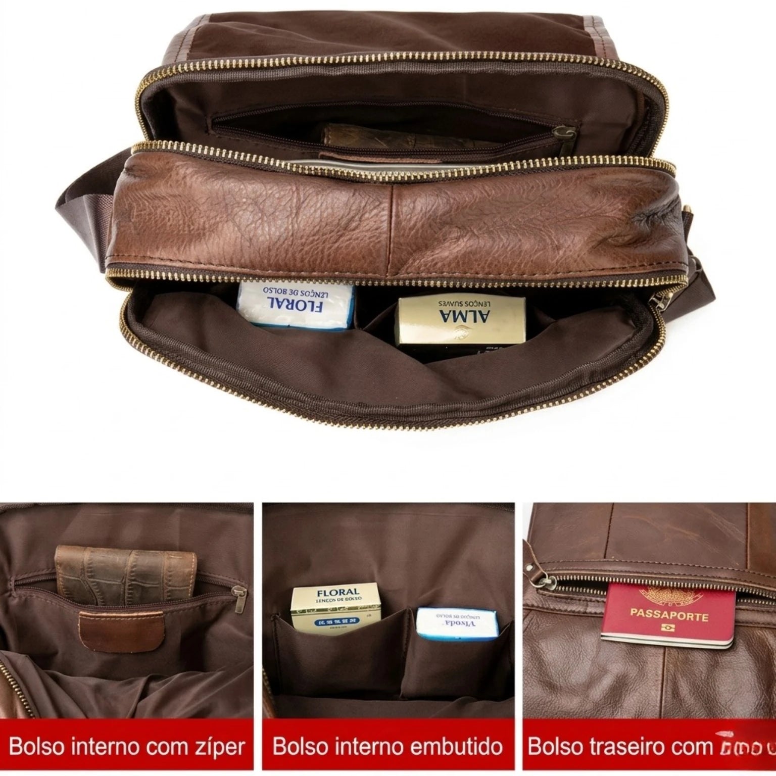 Bolsa de couro transversal Lorenzo confortável e funcional para o dia a dia.