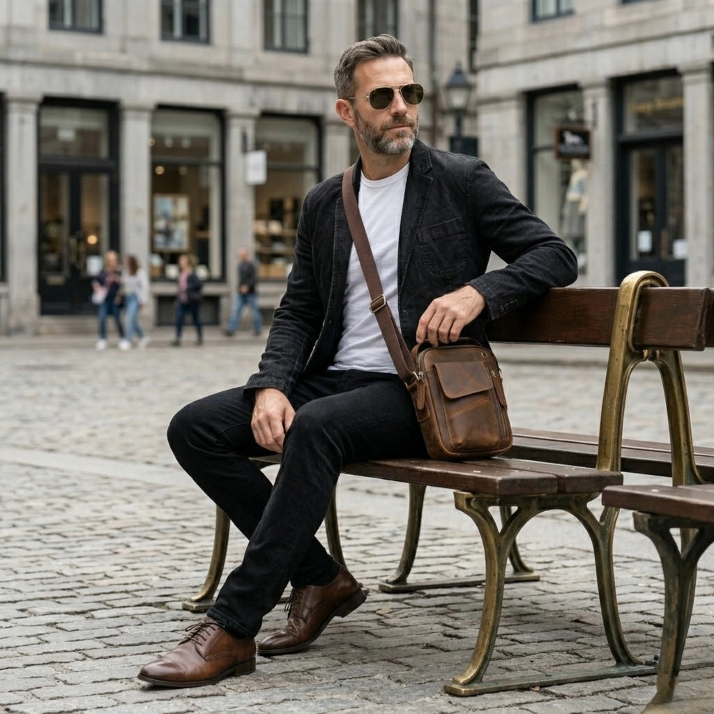 Bolsa de couro masculina transversal confortável para transportar itens essenciais.