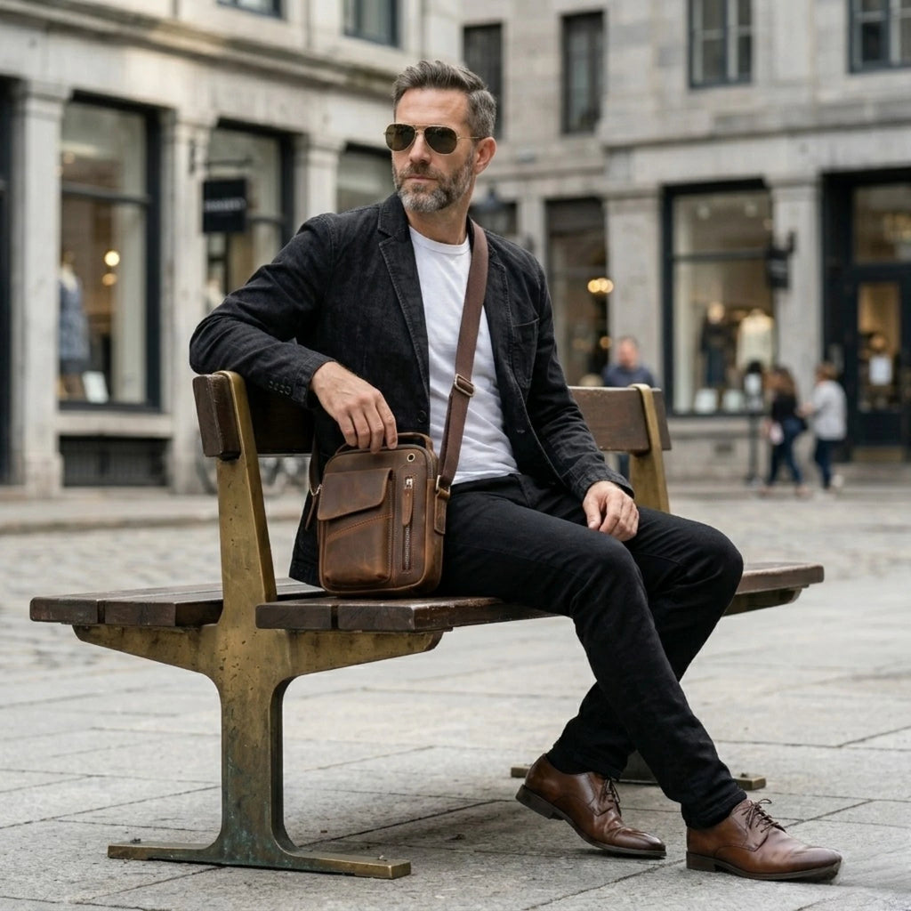Bolsa crossbody de couro vintage masculina com acabamento resistente e durável.