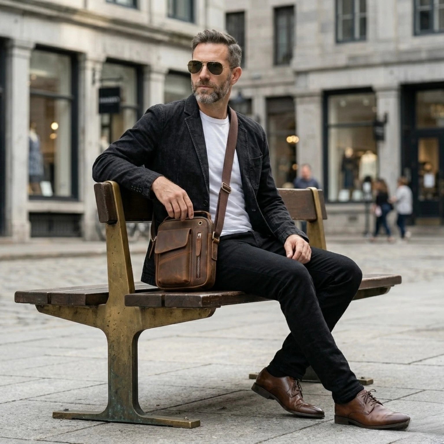 Bolsa crossbody de couro vintage masculina com acabamento resistente e durável.