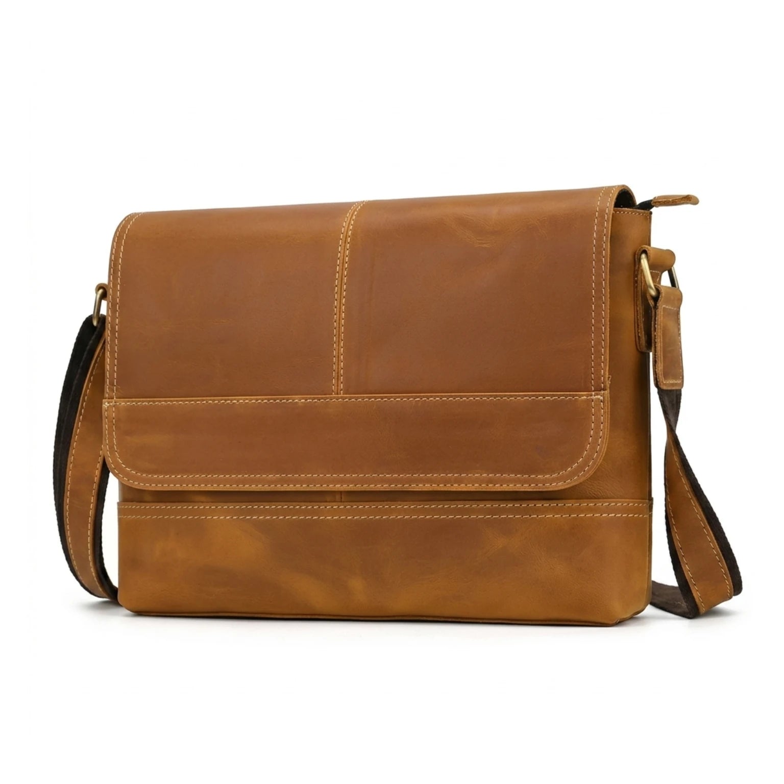 "Bolsa de Couro Crossbody Vintage Dommy, bolsa masculina de couro transversal com acabamento premium, design vintage e estilo elegante."