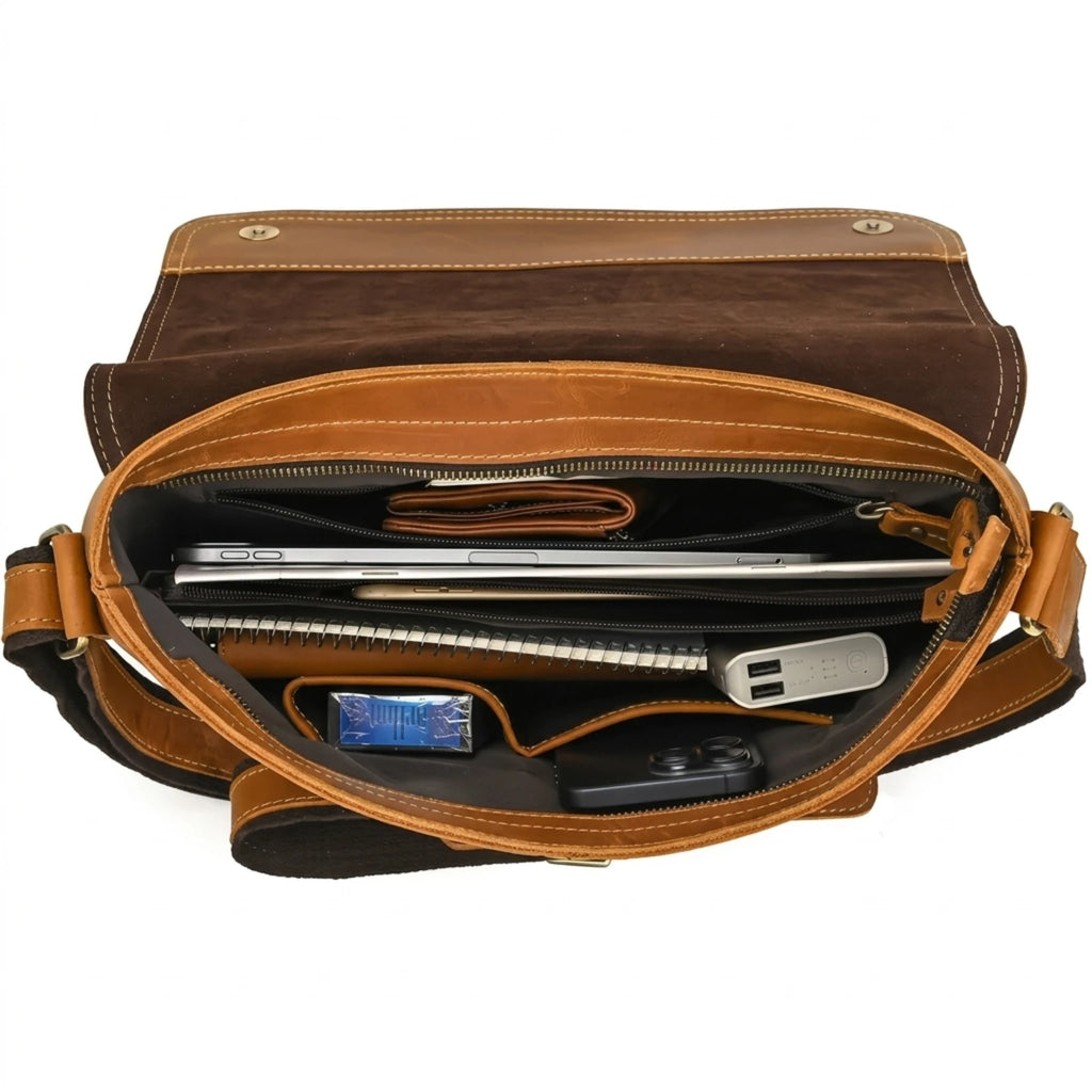 "Bolsa de Couro Crossbody Vintage Dommy, bolsa masculina de couro transversal com acabamento premium, design vintage e estilo elegante."