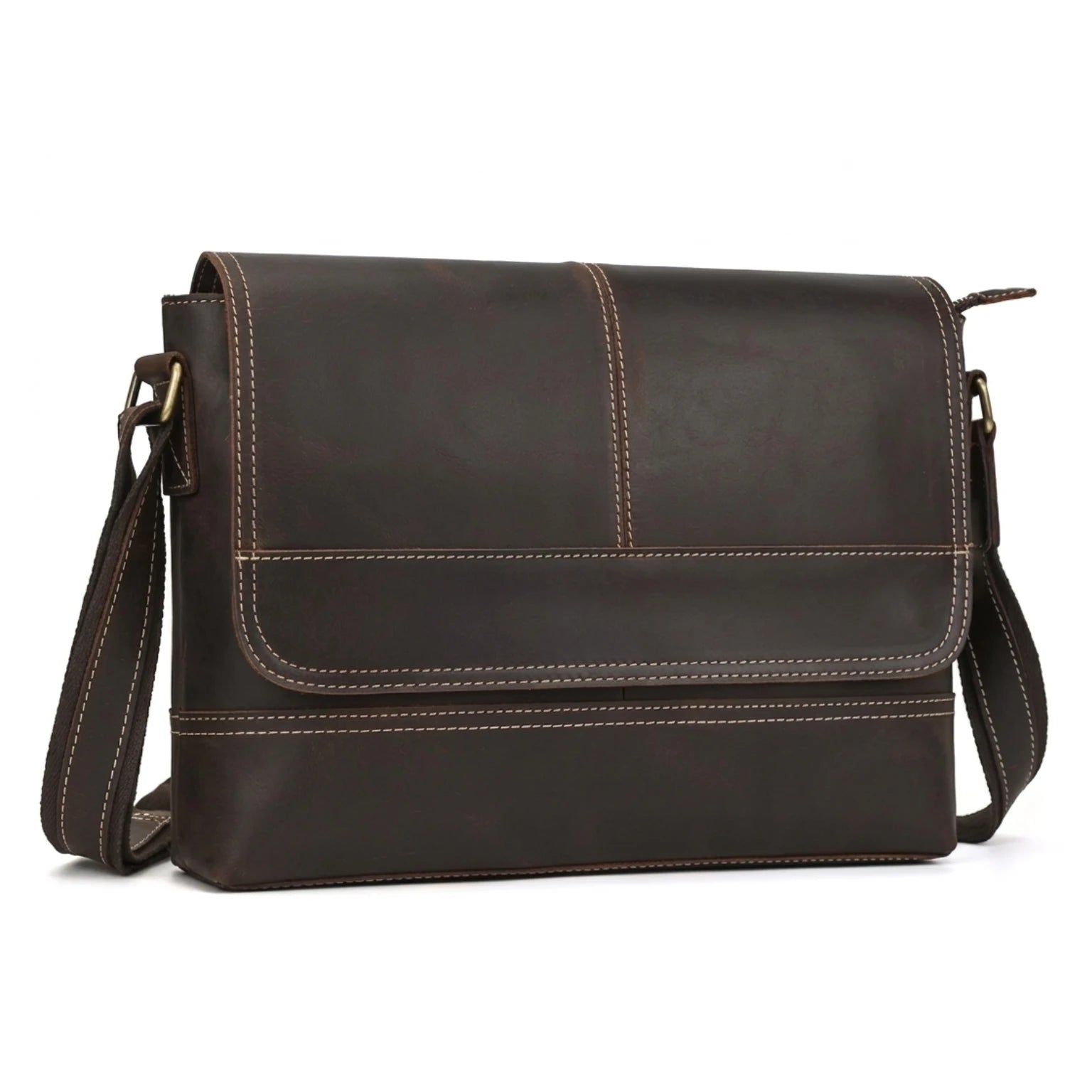 "Bolsa de Couro Crossbody Vintage Dommy, bolsa masculina de couro transversal com acabamento premium, design vintage e estilo elegante."
