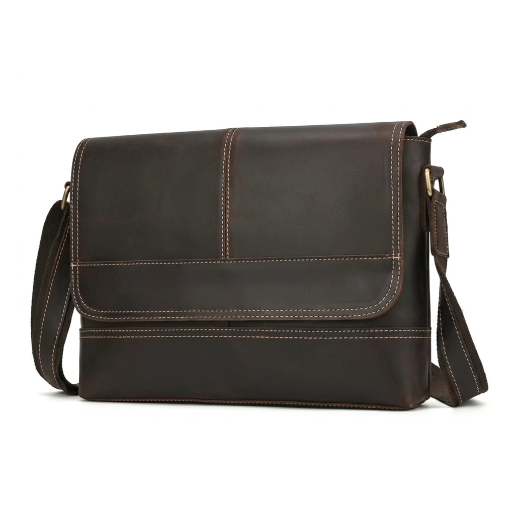 "Bolsa de Couro Crossbody Vintage Dommy, bolsa masculina de couro transversal com acabamento premium, design vintage e estilo elegante."