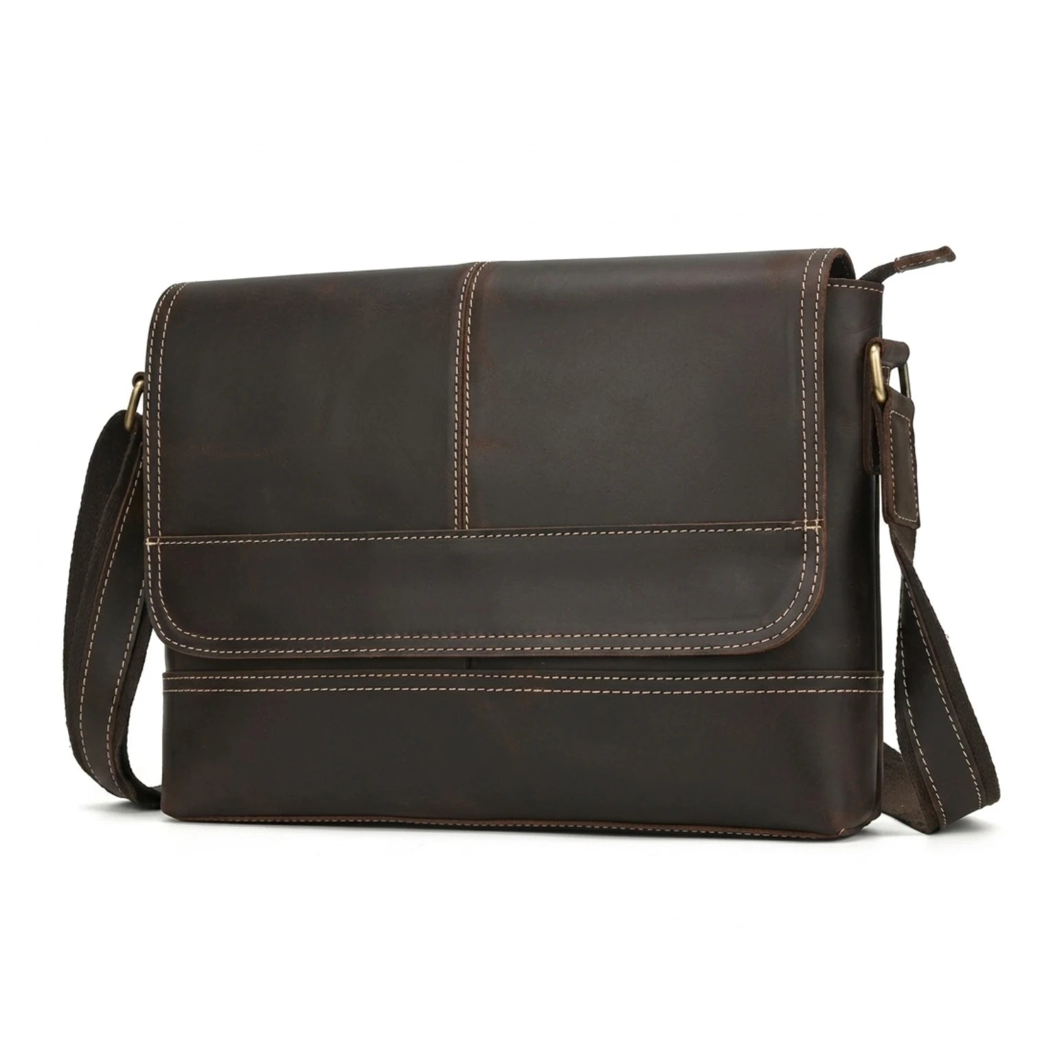 "Bolsa de Couro Crossbody Vintage Dommy, bolsa masculina de couro transversal com acabamento premium, design vintage e estilo elegante."