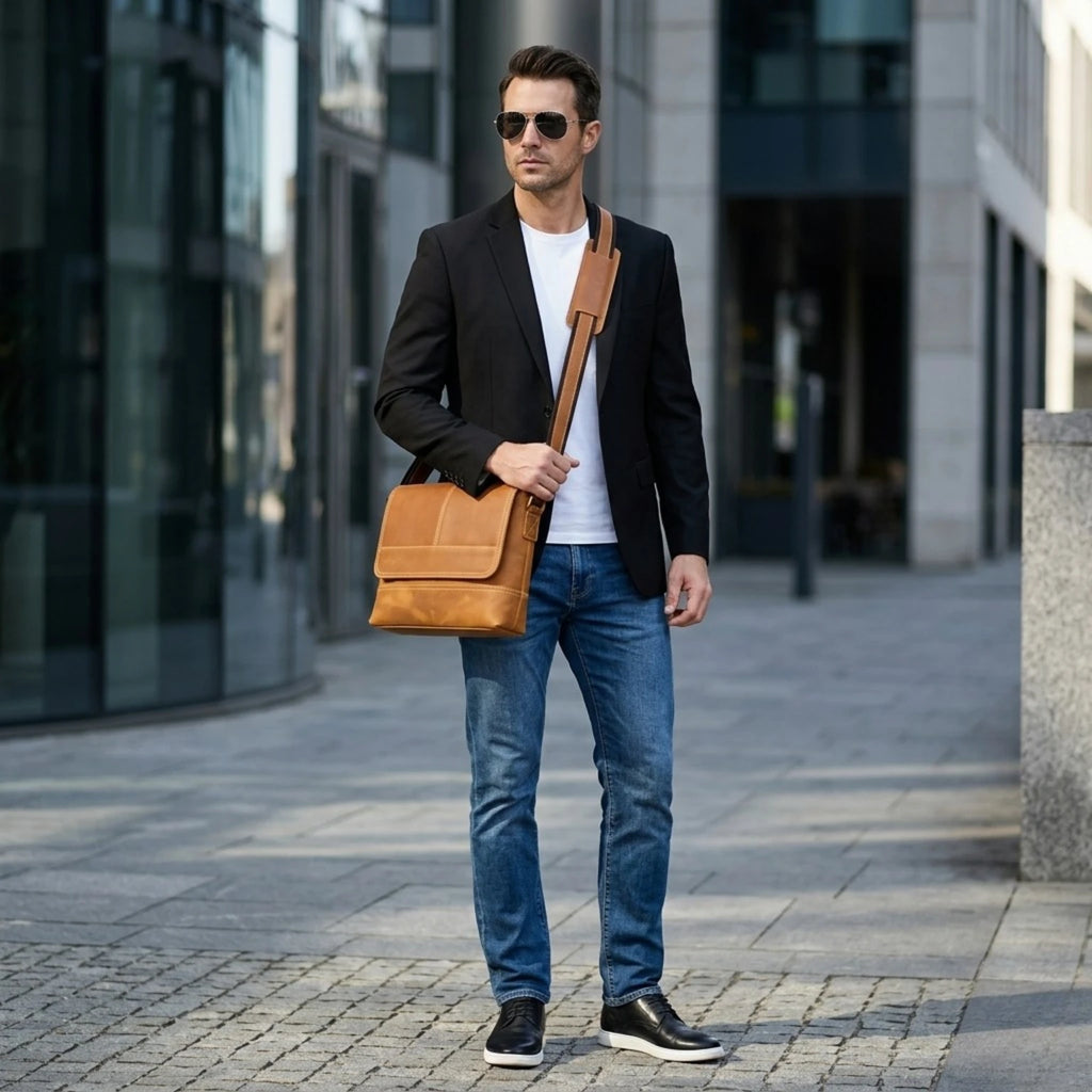 "Bolsa masculina Crossbody Vintage Dommy em couro premium, modelo transversal com design sofisticado e funcional."