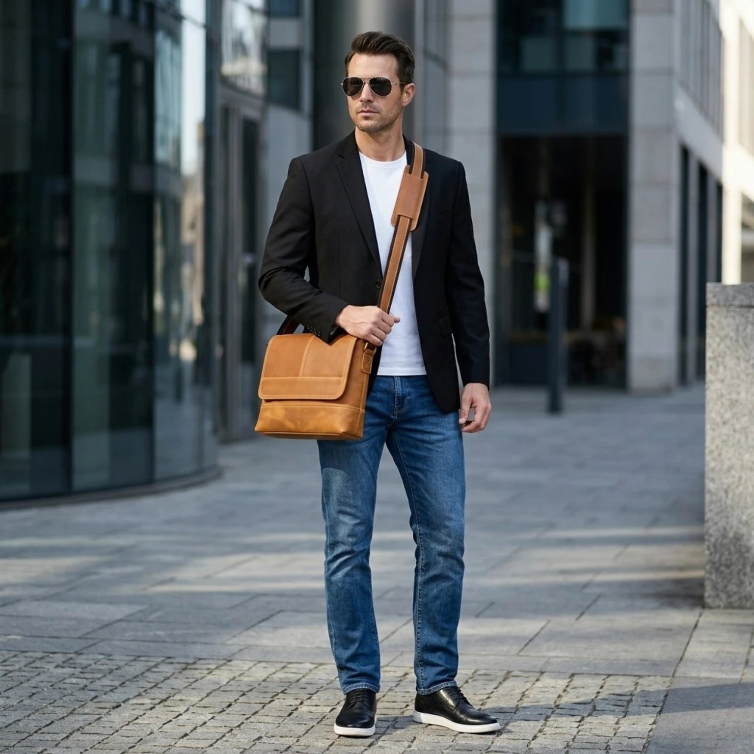 "Bolsa masculina Crossbody Vintage Dommy em couro premium, modelo transversal com design sofisticado e funcional."
