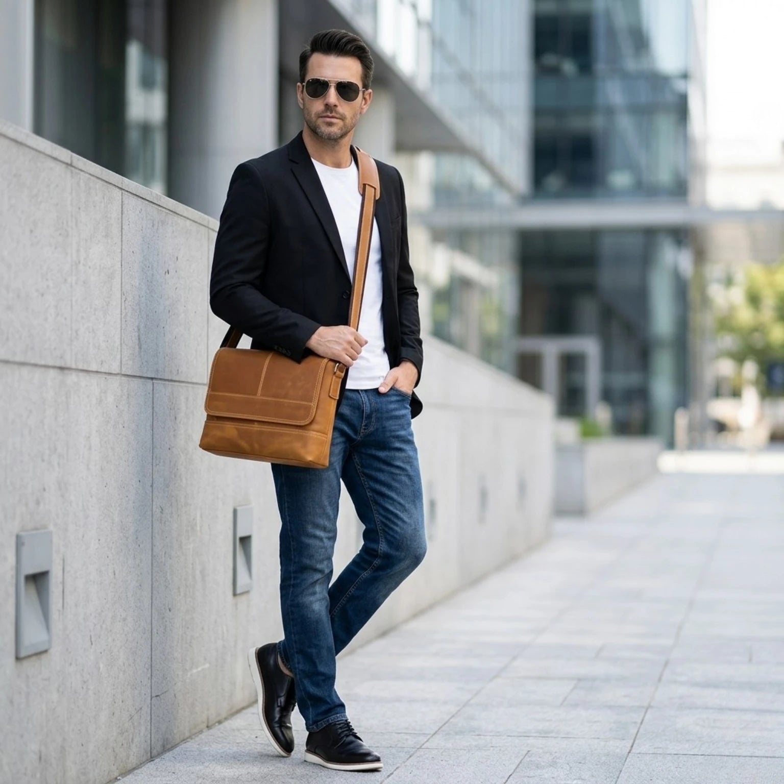 "Bolsa de Couro Crossbody Vintage Dommy, bolsa masculina de couro transversal com acabamento premium, design vintage e estilo elegante."