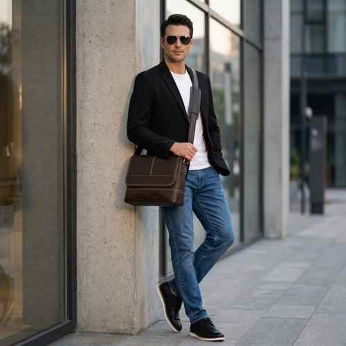 "Bolsa de couro masculina Crossbody Vintage Dommy com alça transversal ajustável, acabamento premium e visual elegante."