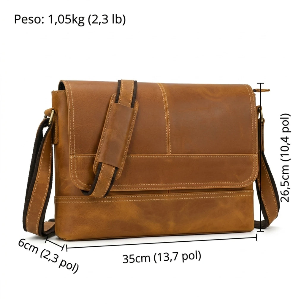 "Bolsa de Couro Crossbody Vintage Dommy, bolsa masculina de couro transversal com acabamento premium, design vintage e estilo elegante."
