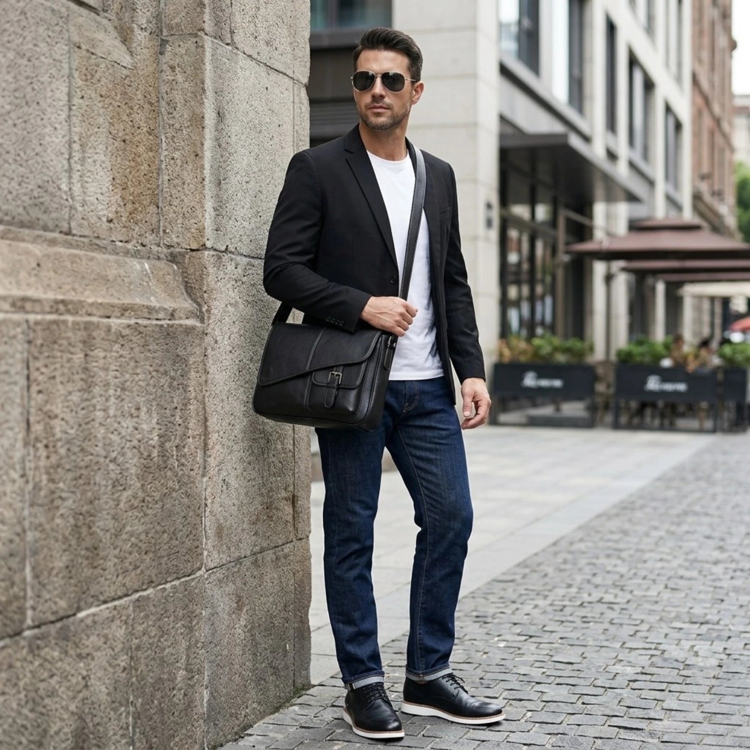 "Bolsa de couro masculina Crossbody Vintage Lucca com alça transversal ajustável, acabamento premium e design elegante e funcional."