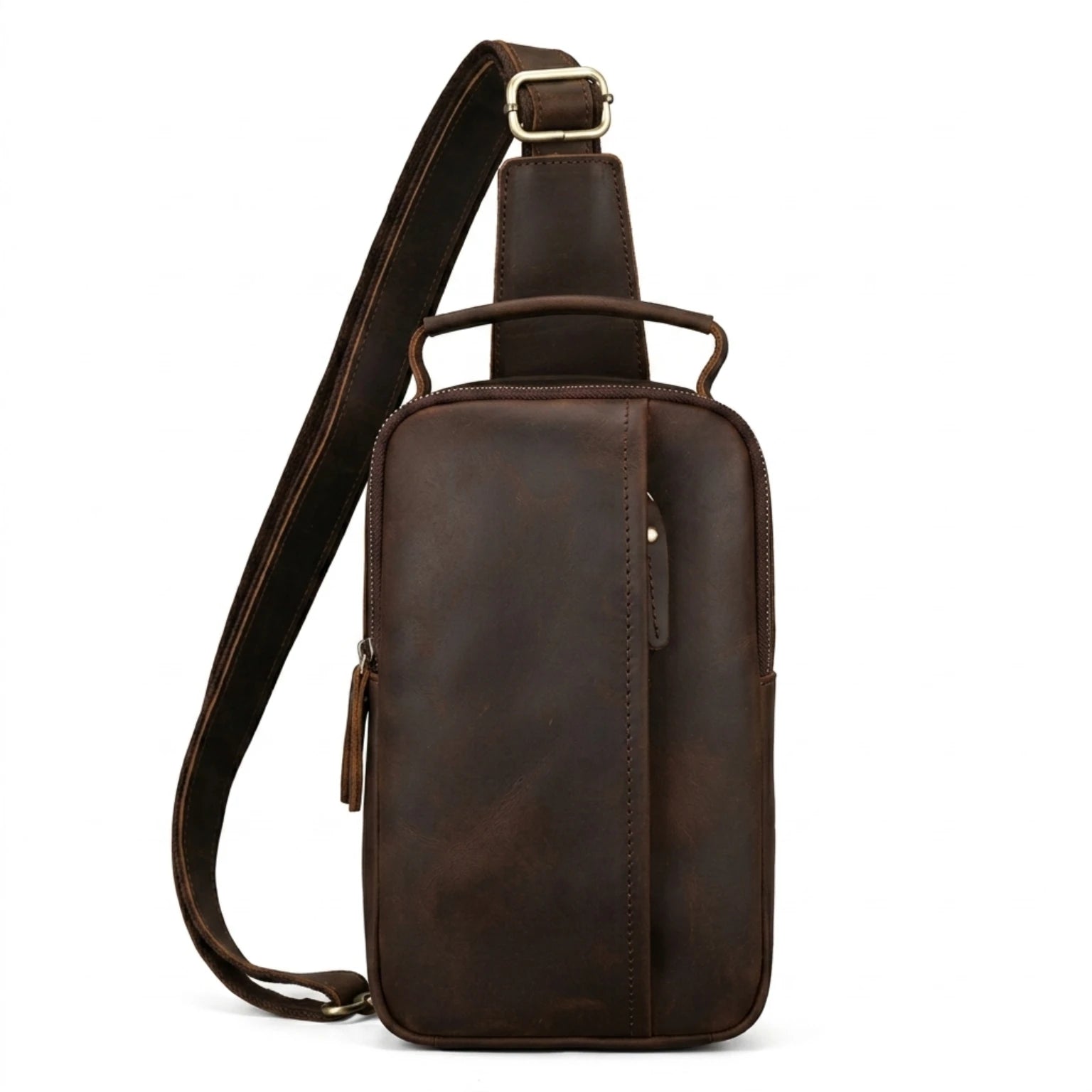"Bolsa de Couro Masculina Crossbody Vintage Arms, bolsa masculina de couro transversal com design vintage, acabamento premium e estilo sofisticado para o dia a dia."