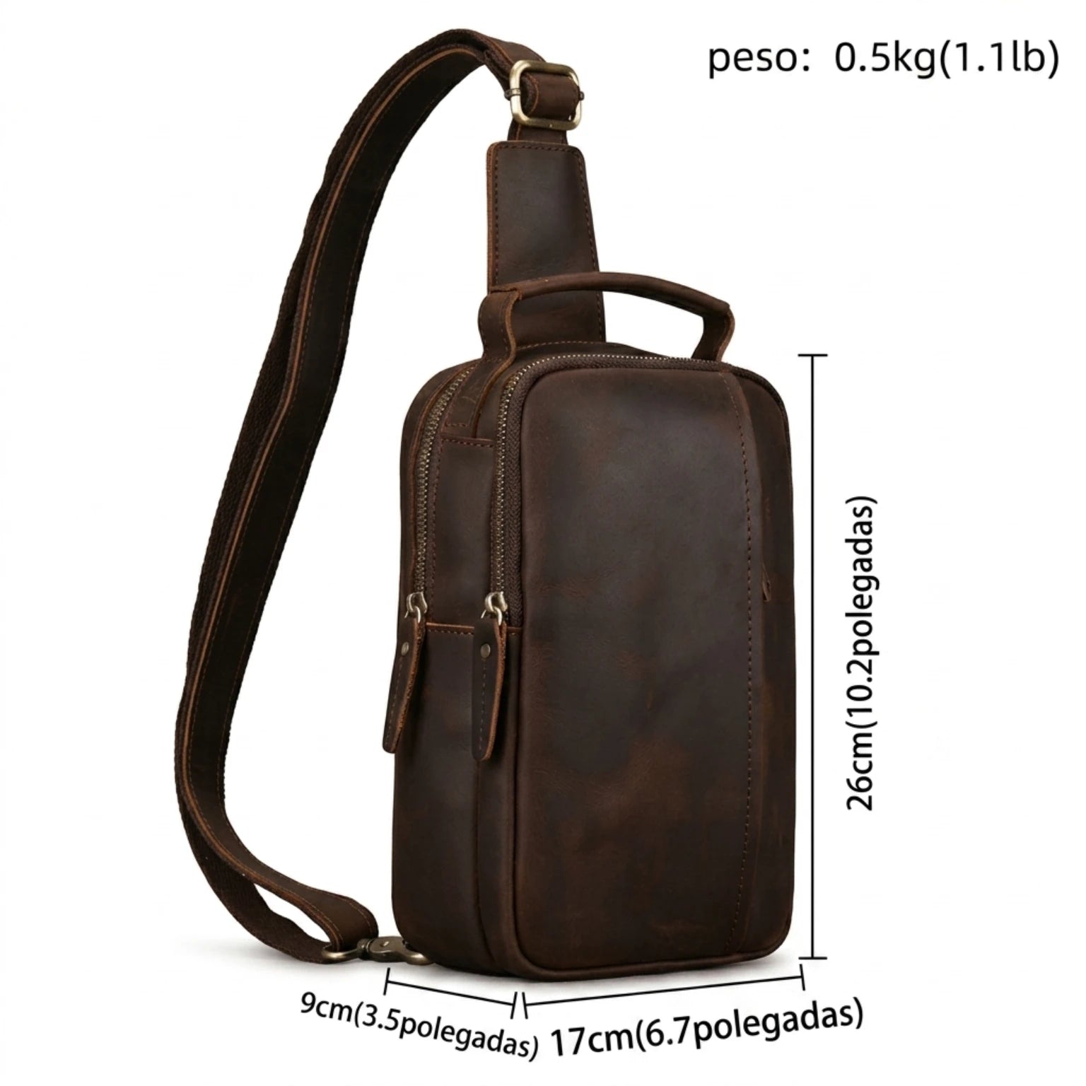 "Bolsa de Couro Masculina Crossbody Vintage Arms, bolsa masculina de couro transversal com acabamento premium, design vintage e estilo elegante."