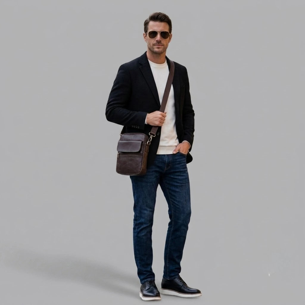 Bolsa masculina transversal Capri em couro legítimo, bolsa de couro legítimo masculina com design elegante, funcional e acabamento de alta qualidade