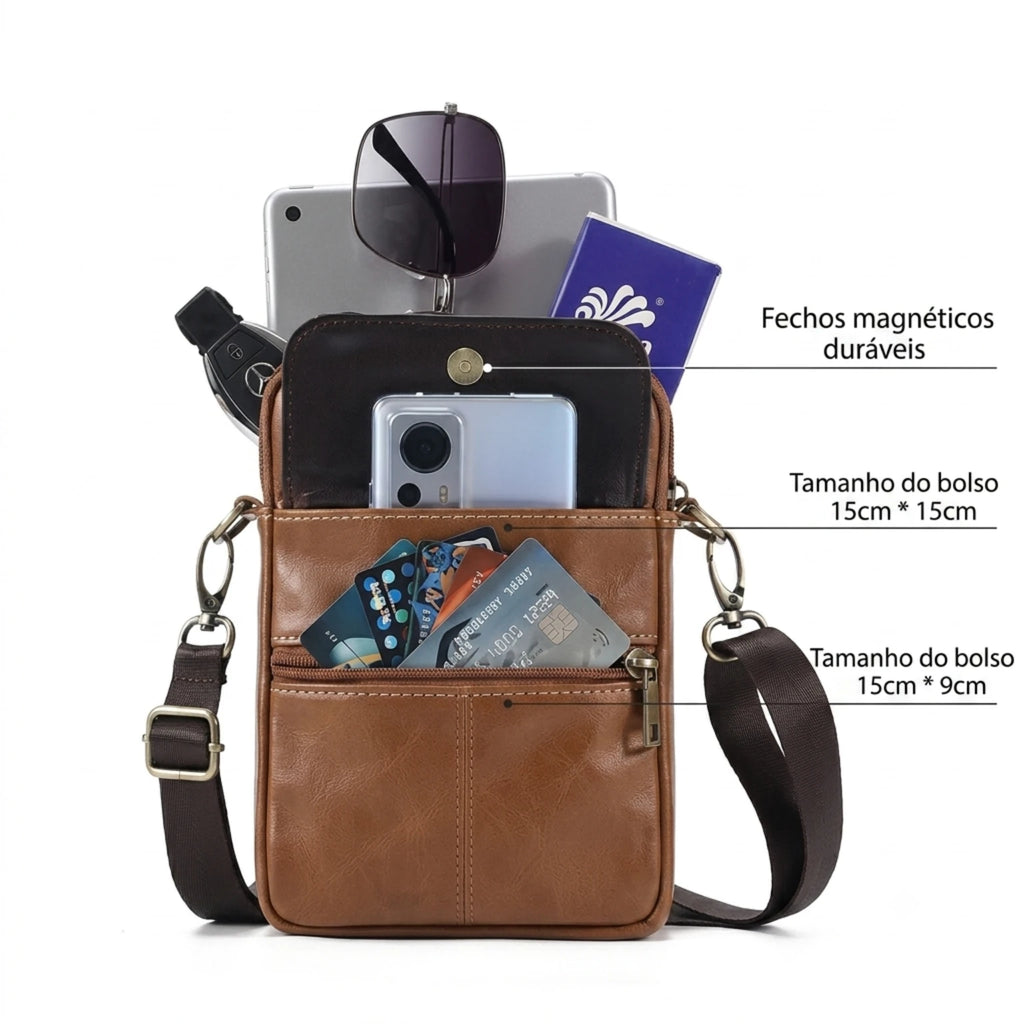 Bolsa masculina transversal Capri em couro legítimo, bolsa de couro legítimo masculina com design elegante, funcional e acabamento de alta qualidade
