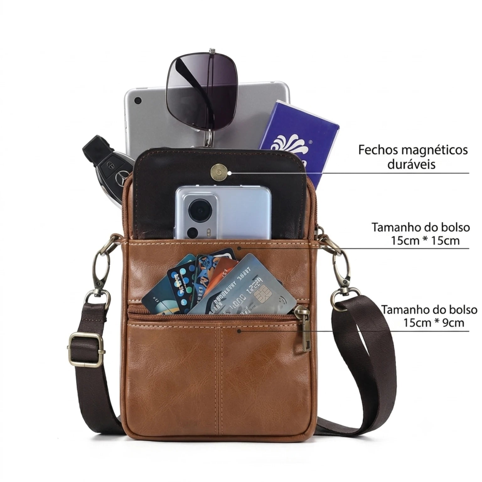 Bolsa masculina transversal Capri em couro legítimo, bolsa de couro legítimo masculina com design elegante, funcional e acabamento de alta qualidade