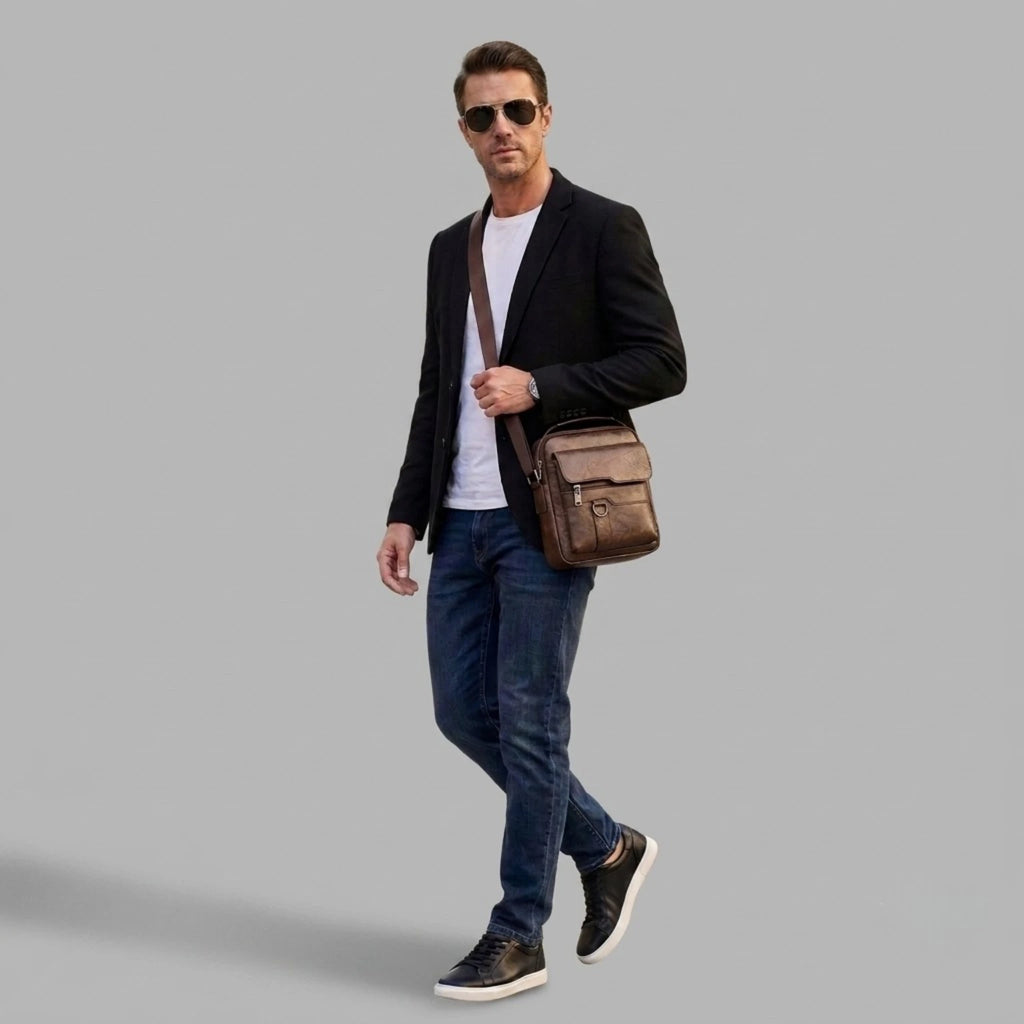 Bolsa masculina transversal Milano em couro legítimo, bolsa de couro legítimo masculina com design elegante, funcional e acabamento de alta qualidade