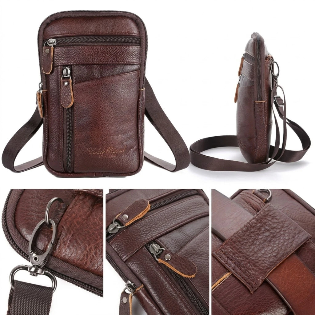 Bolsa transversal de couro masculina resistente com acabamento sofisticado.