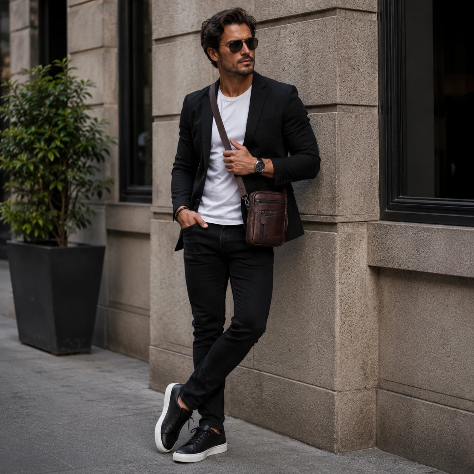 Bolsa de couro masculina transversal prática para transportar itens essenciais com segurança.