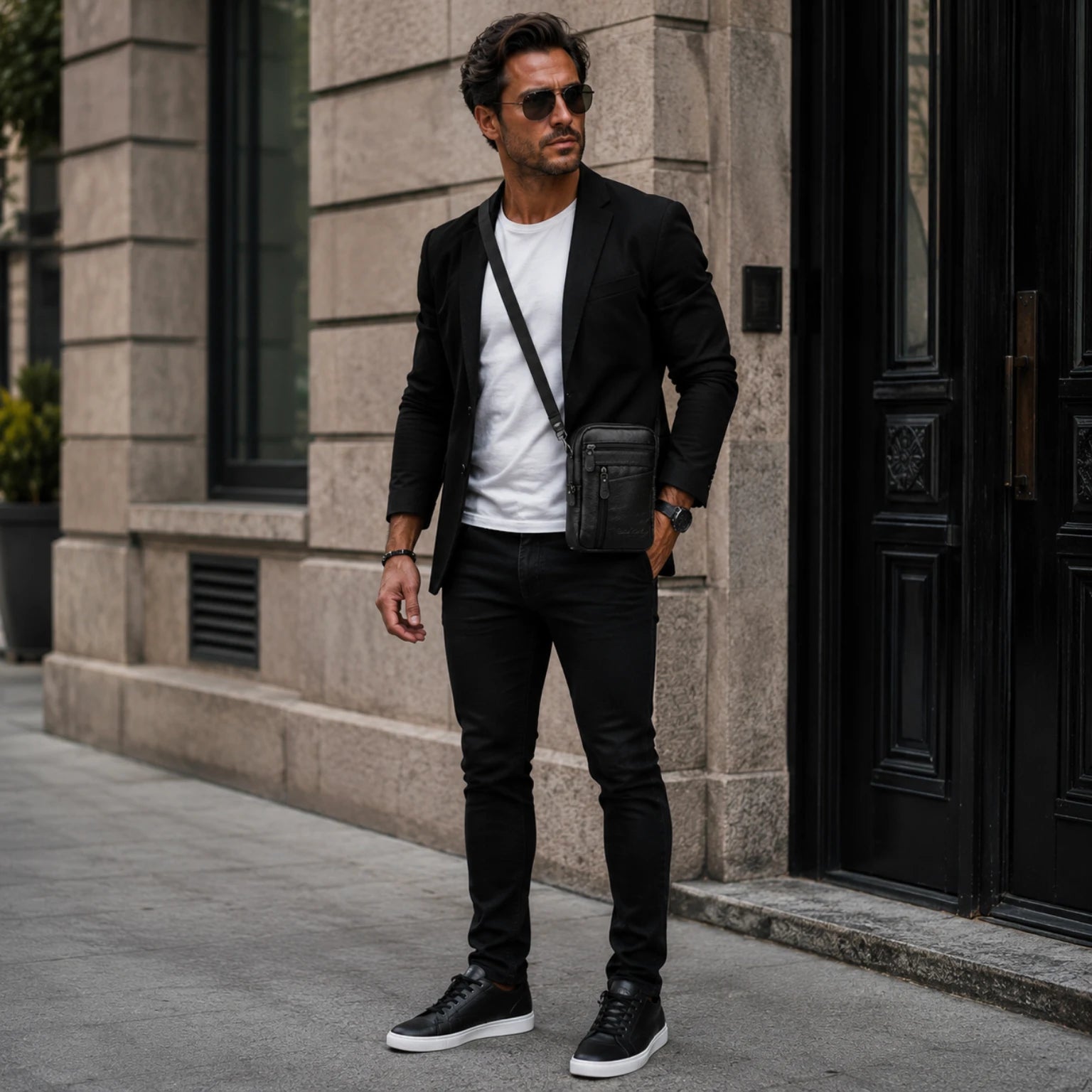 Bolsa de couro masculina transversal prática para transportar itens essenciais com segurança.