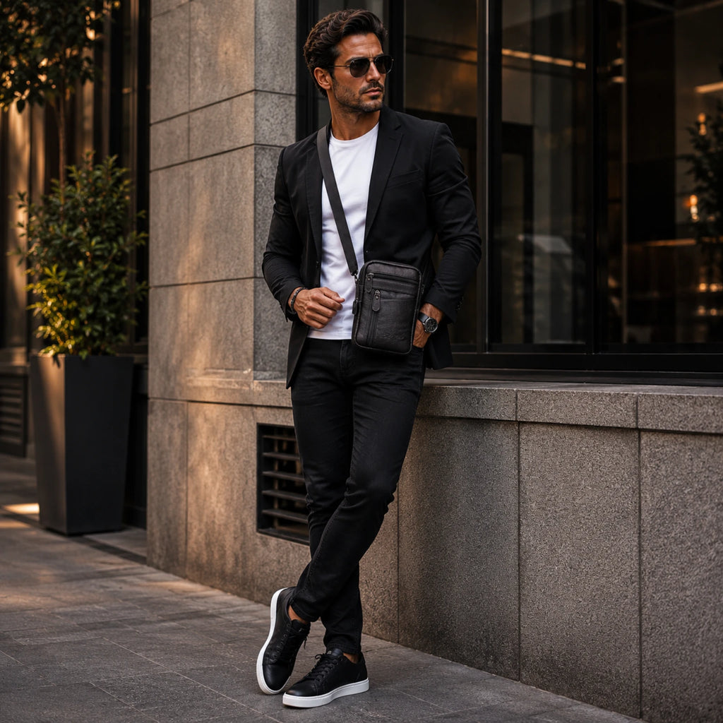 Bolsa transversal de couro masculina resistente com acabamento sofisticado.