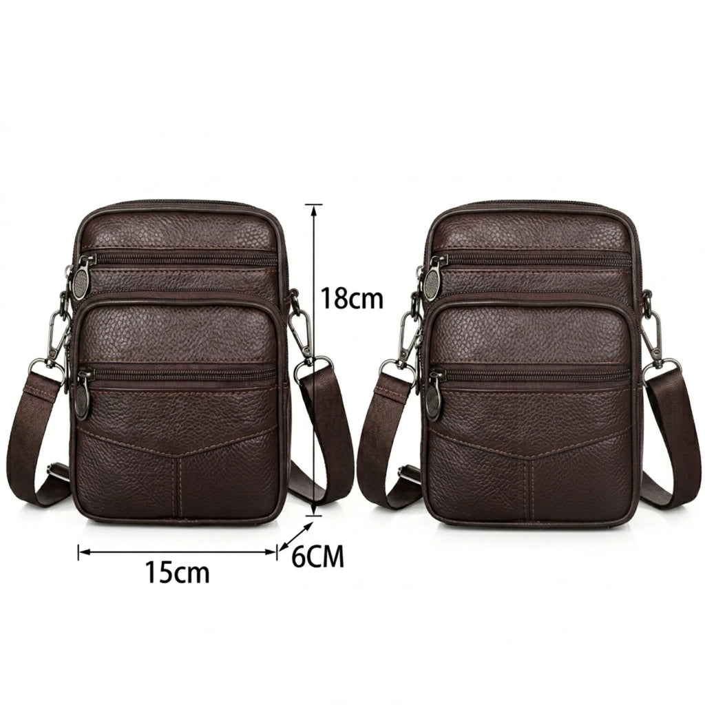 Bolsa de couro masculina transversal com design elegante, acabamento premium e espaço para itens essenciais.