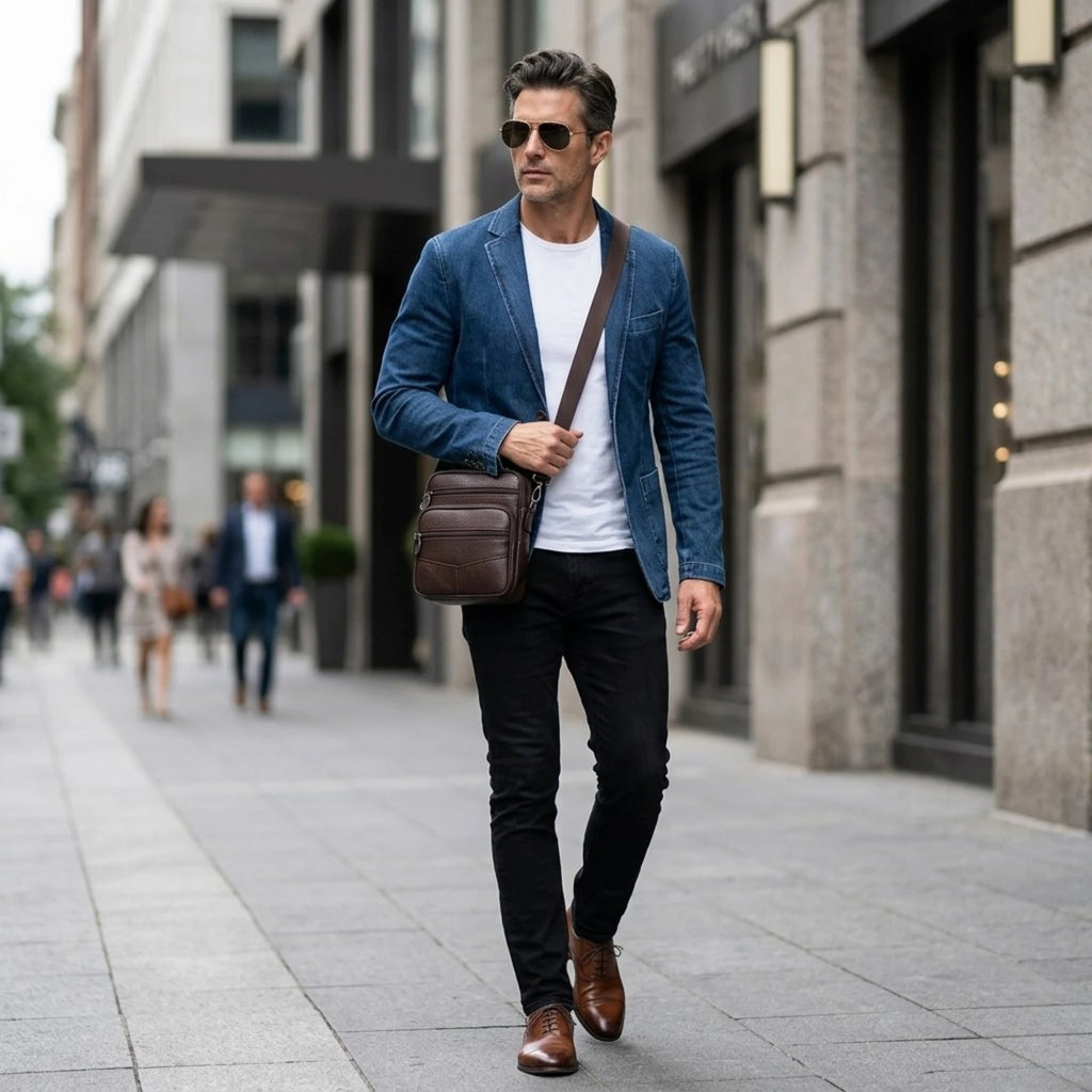 Bolsa de couro transversal masculina com compartimentos funcionais e estilo sofisticado.