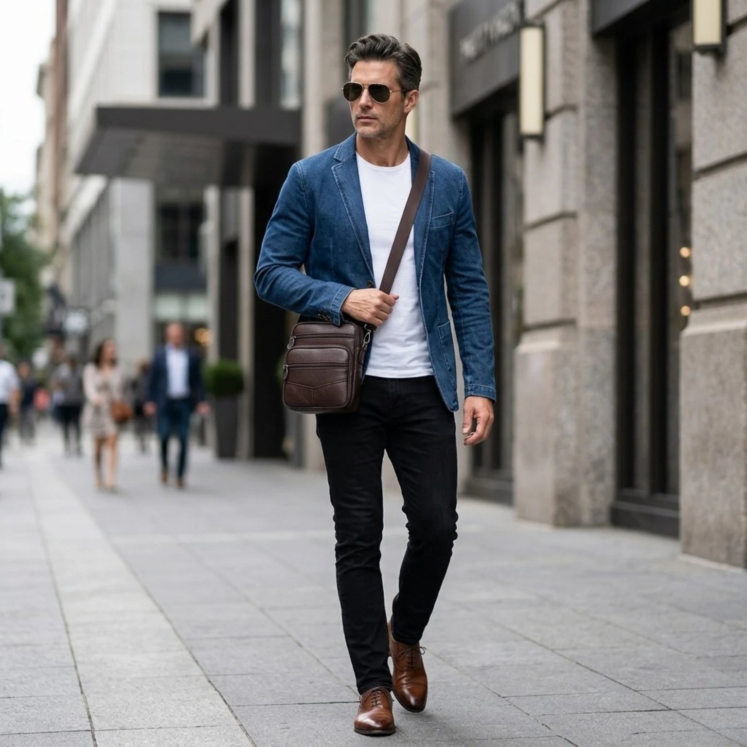 Bolsa de couro transversal masculina com compartimentos funcionais e estilo sofisticado.