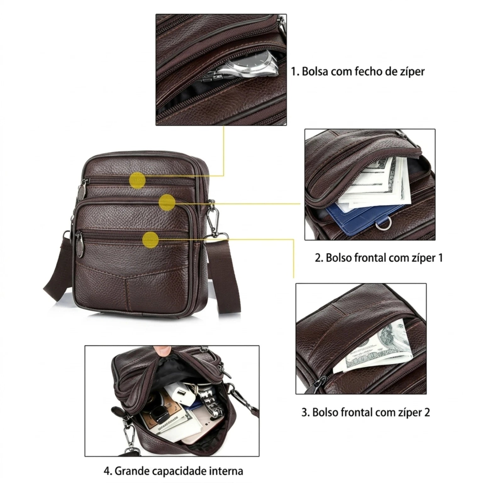 Bolsa de couro masculina transversal com design elegante, acabamento premium e espaço para itens essenciais.