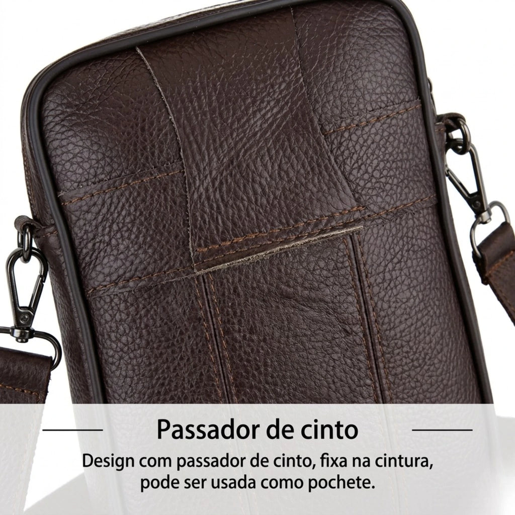 Bolsa de couro masculina transversal com design elegante, acabamento premium e espaço para itens essenciais.