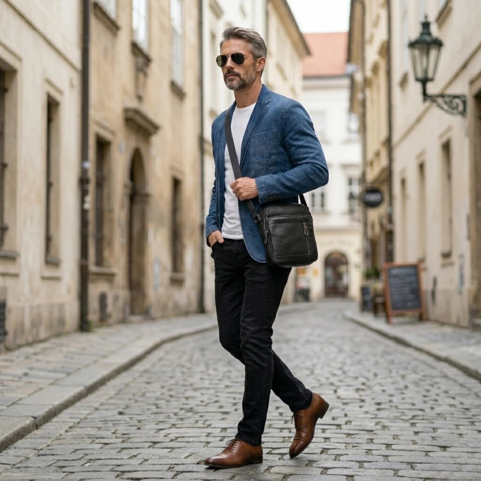 Bolsa de couro masculina transversal prática para transportar itens essenciais.