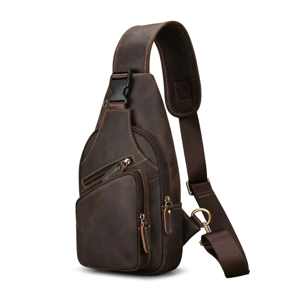 "Bolsa de Couro Transversal Vintage Renzo, bolsa masculina de couro com design vintage, alça transversal ajustável e acabamento premium para uso diário e viagens."