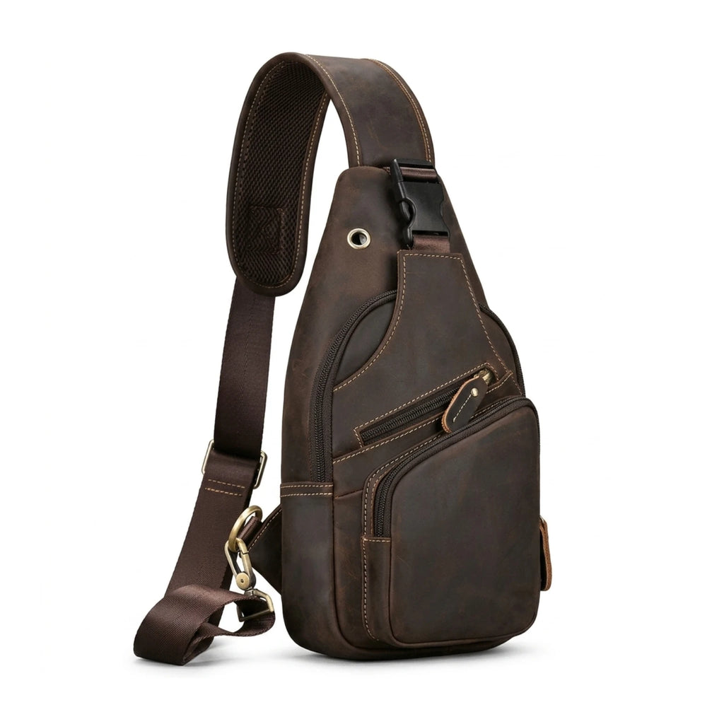 "Bolsa de Couro Transversal Vintage Renzo, bolsa masculina de couro transversal com acabamento premium, design vintage e estilo sofisticado."