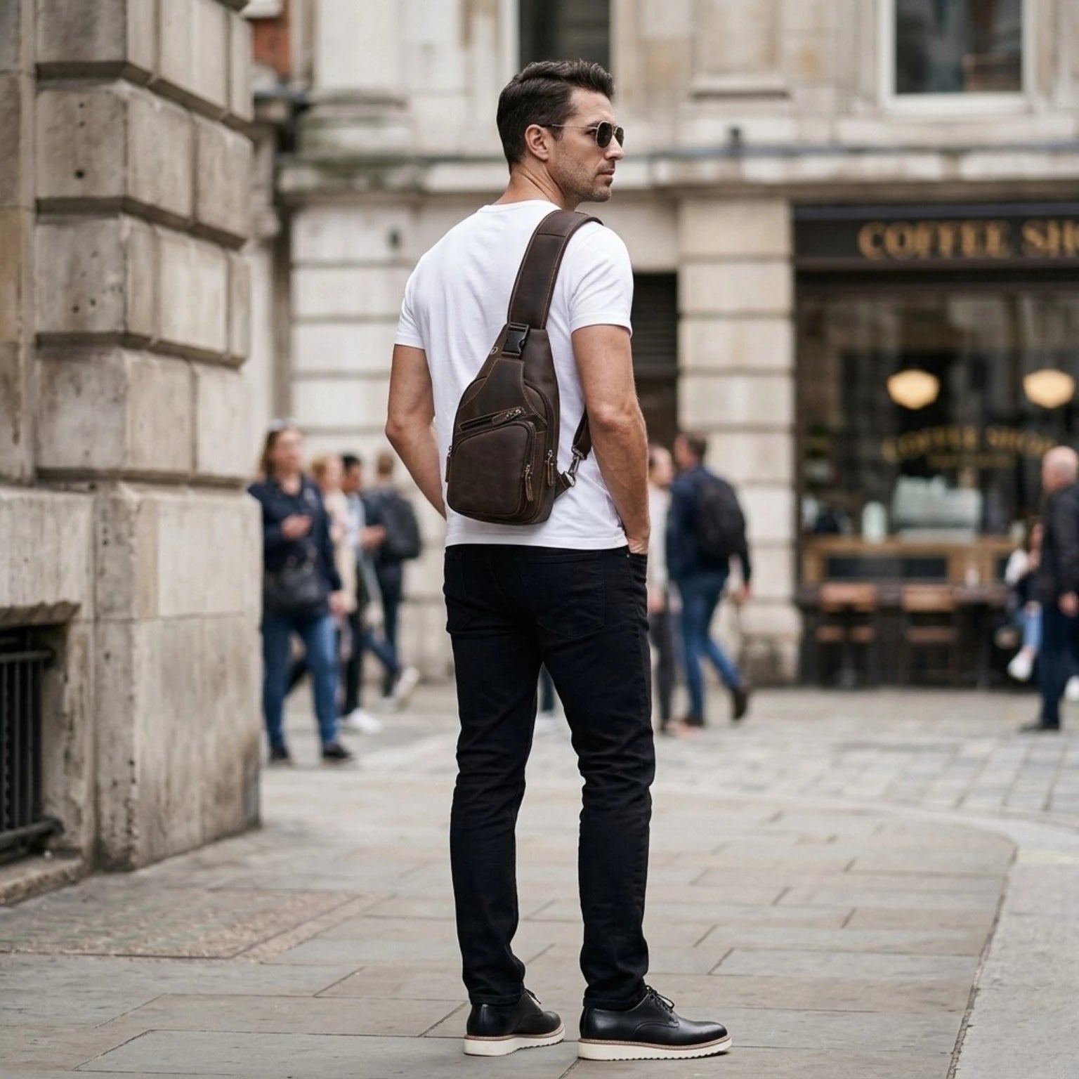 "Bolsa de couro masculina Vintage Renzo, modelo transversal com design elegante, acabamento premium e amplo espaço para itens essenciais."