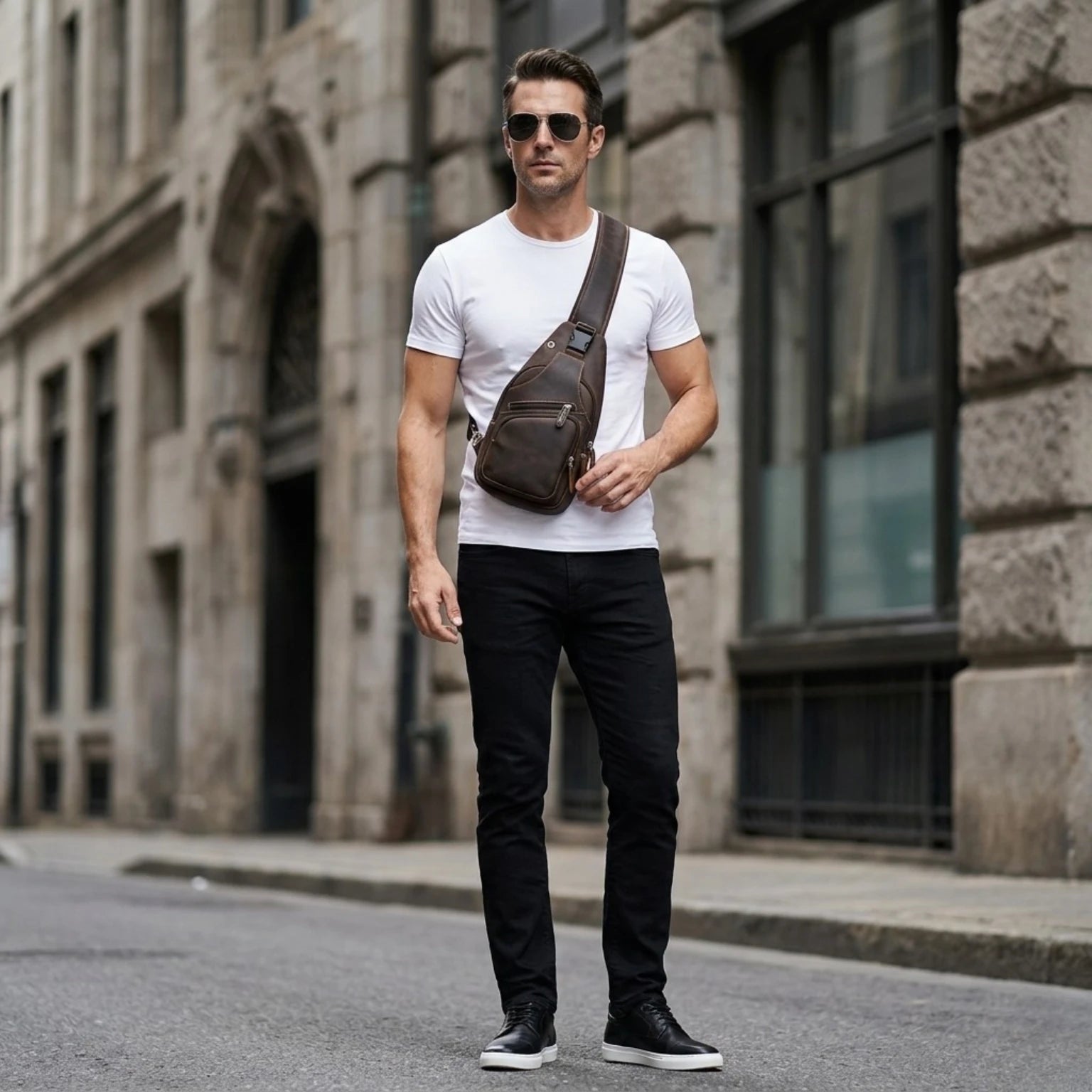 "Bolsa masculina de couro transversal Vintage Renzo com estilo vintage, confeccionada em couro de alta qualidade e ideal para o dia a dia."