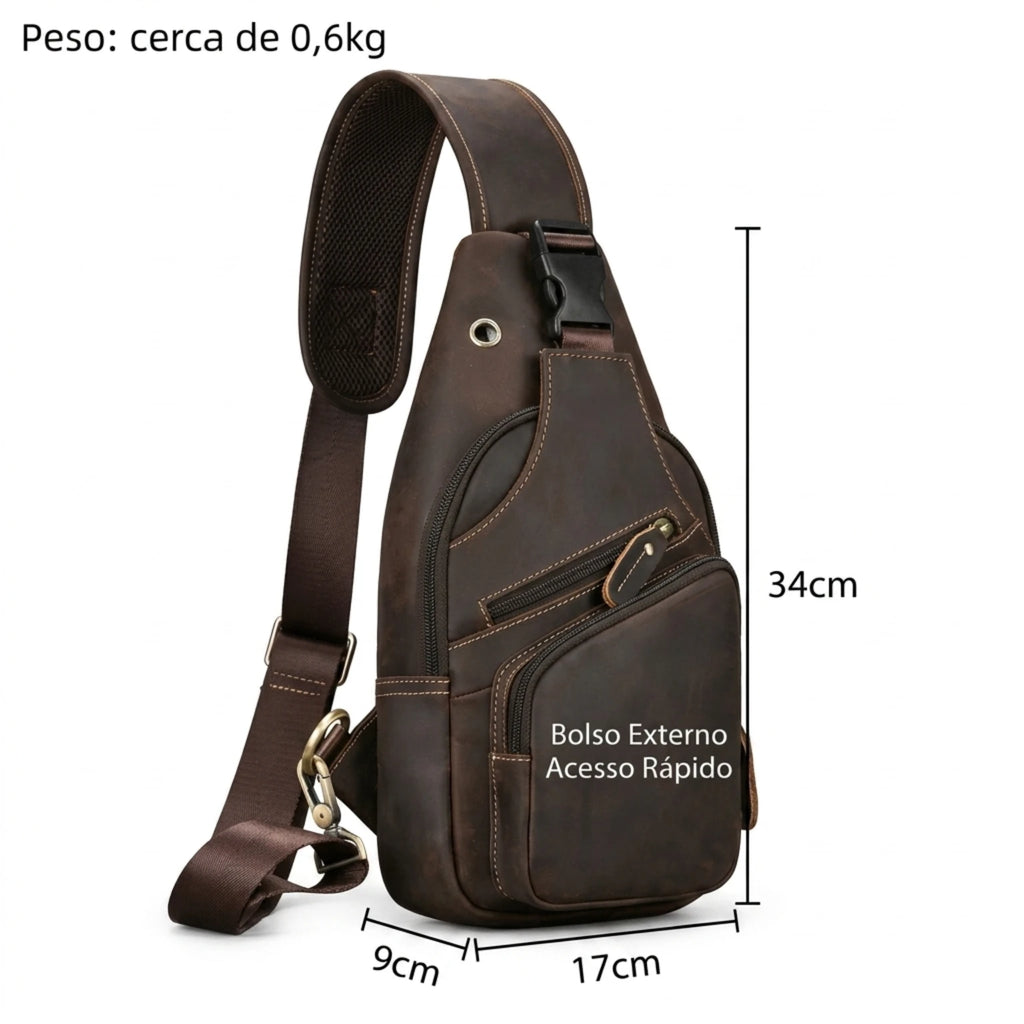 "Bolsa de Couro Transversal Vintage Renzo, bolsa masculina de couro transversal com acabamento premium, design vintage e estilo sofisticado."