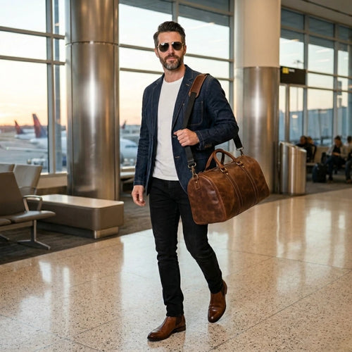 Bolsa de viagem de mão em couro com estilo clássico e funcionalidade.