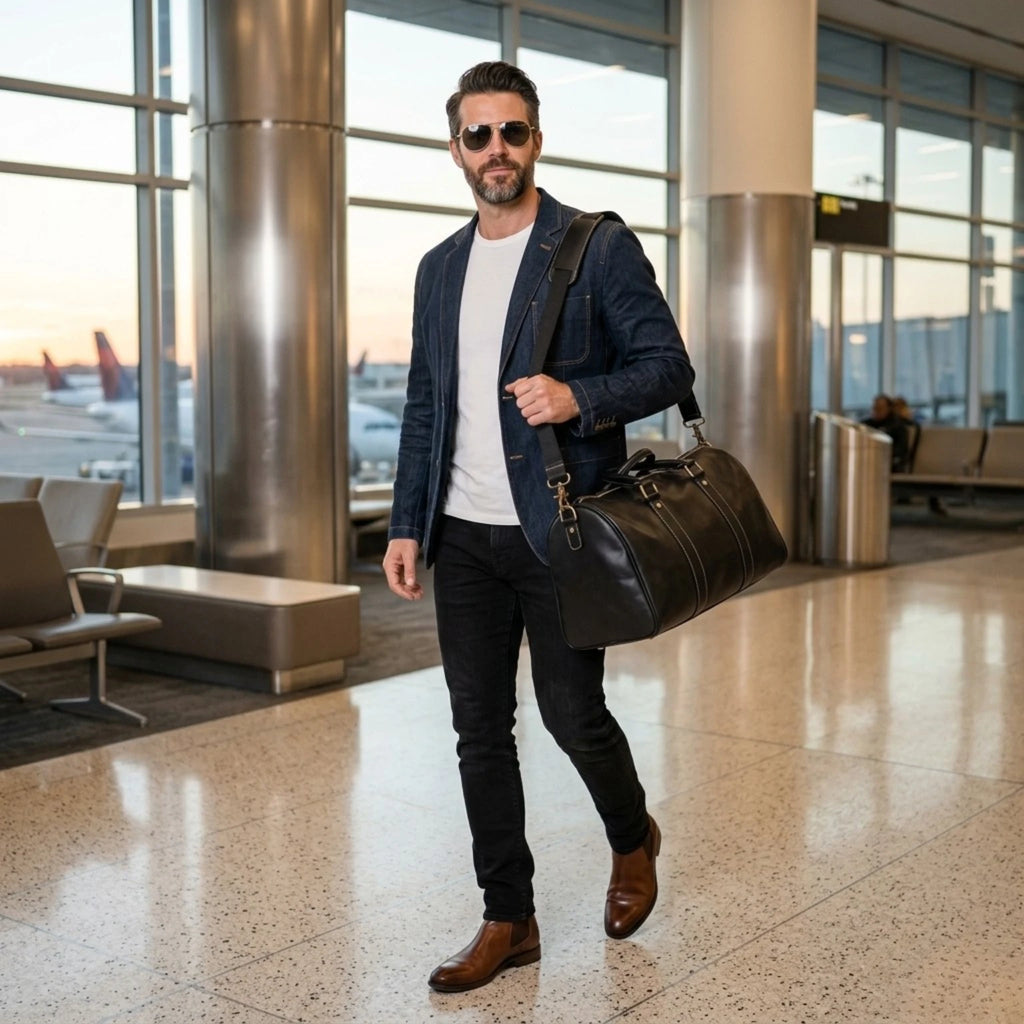 Bolsa de viagem em couro resistente ideal para viagens curtas e fins de semana.