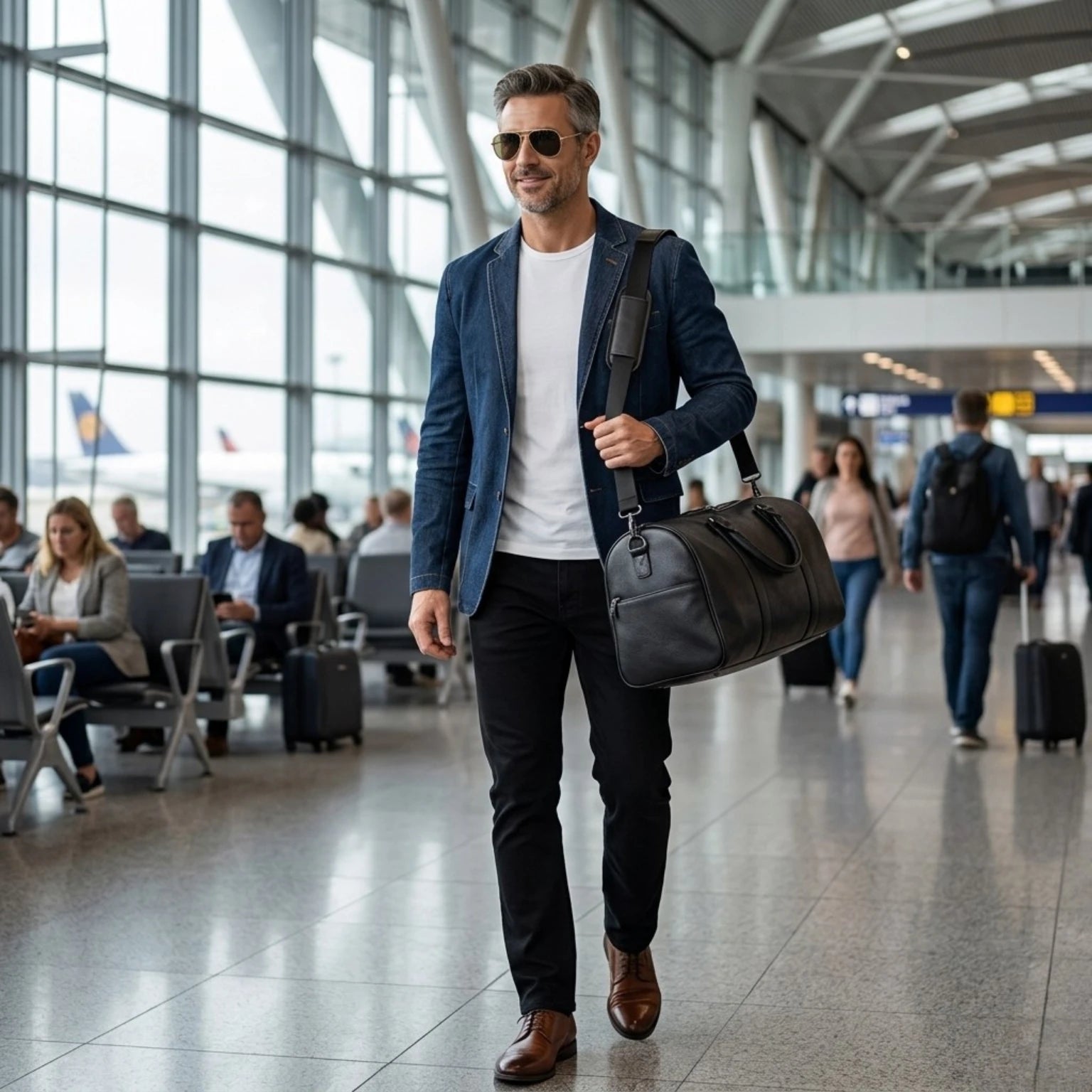 Bolsa de viagem em couro resistente ideal para viagens de negócios e lazer.