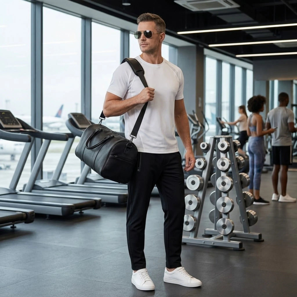 Mala de couro elegante com amplo espaço para organizar roupas e acessórios.