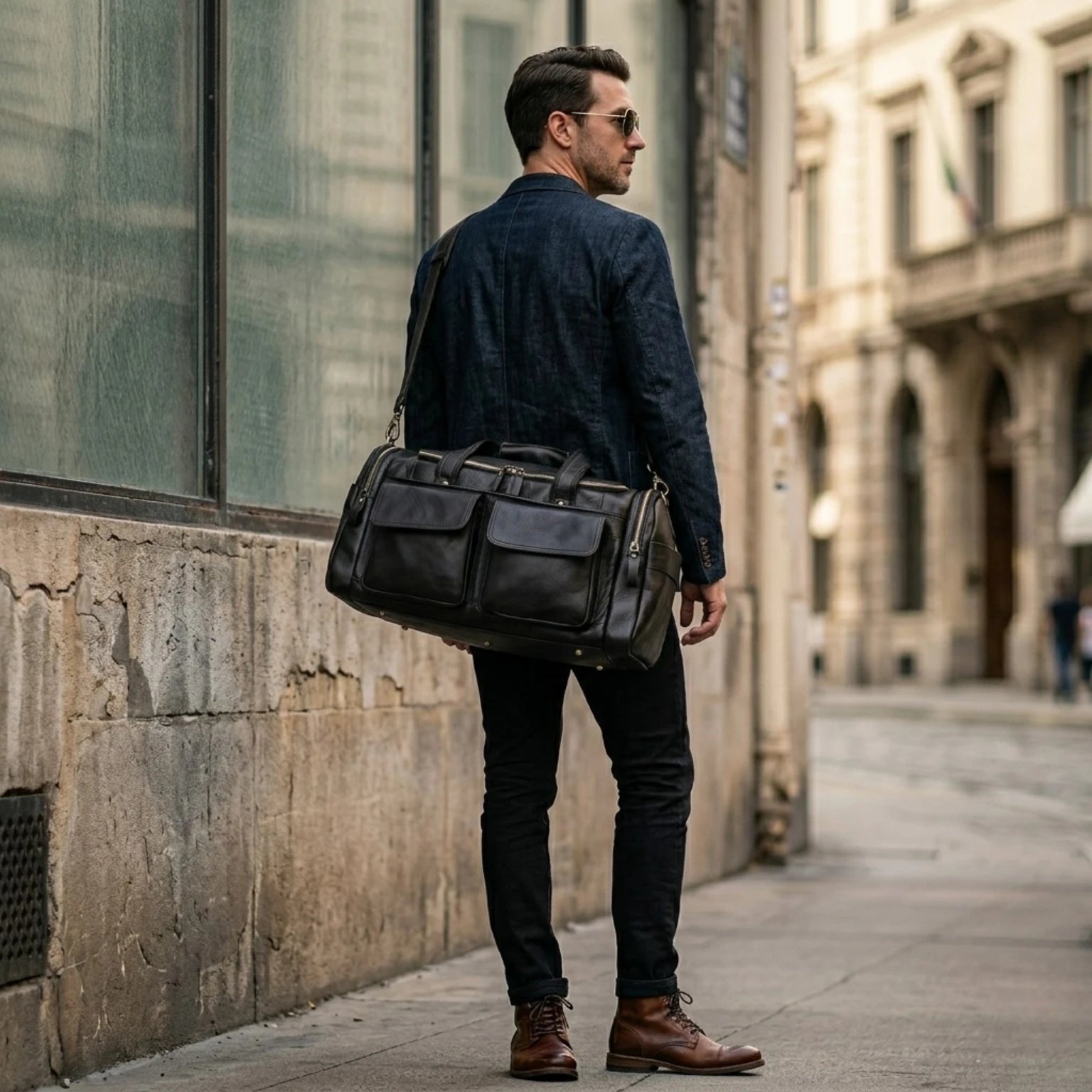 Bolsa de viagem de couro premium com amplo espaço e acabamento sofisticado.