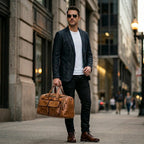 Bolsa de viagem de mão em couro com design executivo e funcional.